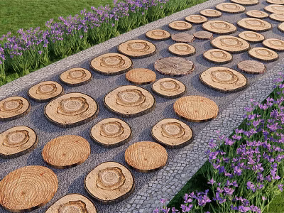 Natural Wooden Log Slice Stepping Stones On Gravel Ground With Purple Flowers And Grass 3d model