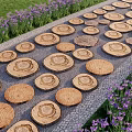Natural Wooden Log Slice Stepping Stones On Gravel Ground With Purple Flowers And Grass