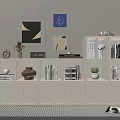 White Bookcase Interior With Books Decorative Items Wall Art And Striped Rug
