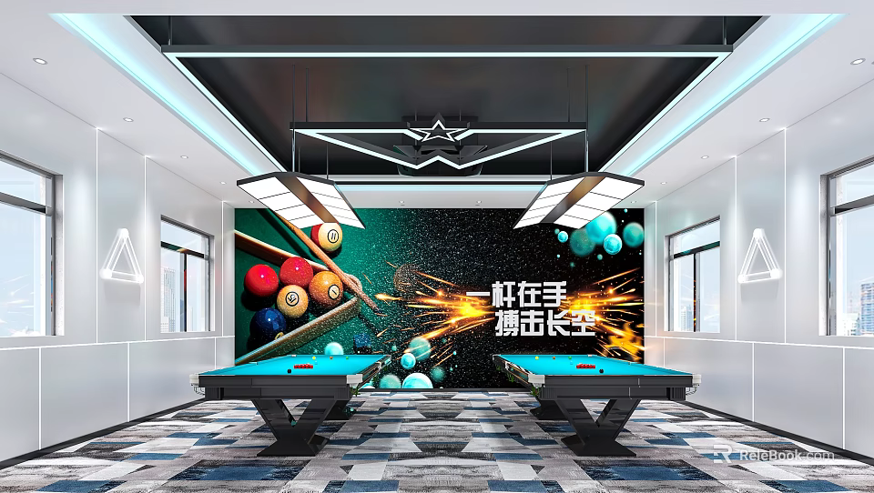 Modern Billiard Room Interior Featuring Pool Tables Colorful Balls And Hanging Lights 3d model 
