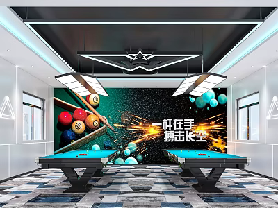 Modern Billiard Room Interior Featuring Pool Tables Colorful Balls And Hanging Lights 3d model