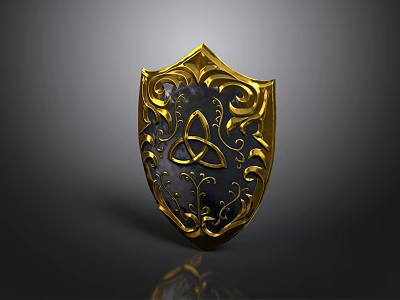 Medieval Shield Weapon With Golden Ornate Scroll Patterns And Triquetra Symbol On Black Background 3d model
