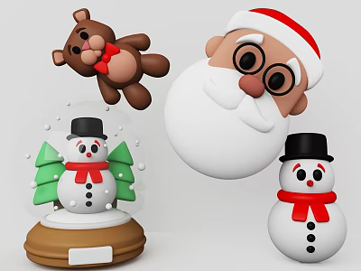 Cute Teddy Bear with Santa Hat and Snowman in Christmas Snow Globe 3d model