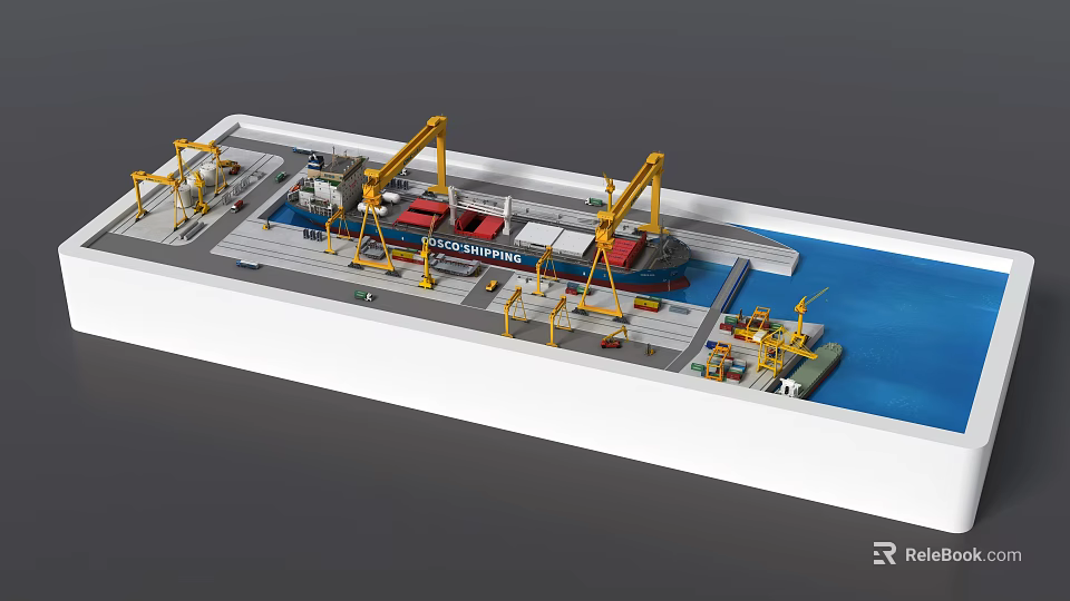 Cargo Ship Moored at Port with Yellow Cranes and Loading Dock 3d model 
