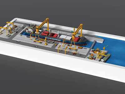 Cargo Ship Moored at Port with Yellow Cranes and Loading Dock 3d model