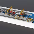 Cargo Ship Moored at Port with Yellow Cranes and Loading Dock