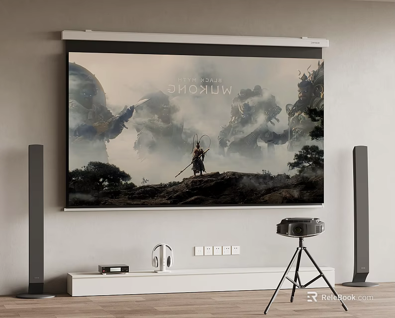 Home Theater Setup Featuring Large Projection Screen Projector on Tripod and Speakers 3d model