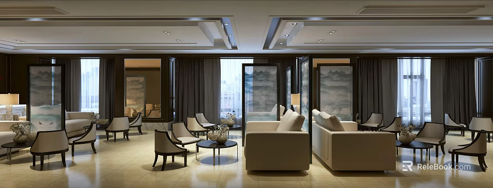 Elegant Modern Lounge Area With Beige Sofas Armchairs Coffee Table And Curtains 3d model