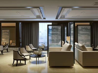 Elegant Modern Lounge Area With Beige Sofas Armchairs Coffee Table And Curtains 3d model