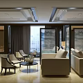 Elegant Modern Lounge Area With Beige Sofas Armchairs Coffee Table And Curtains 3d model