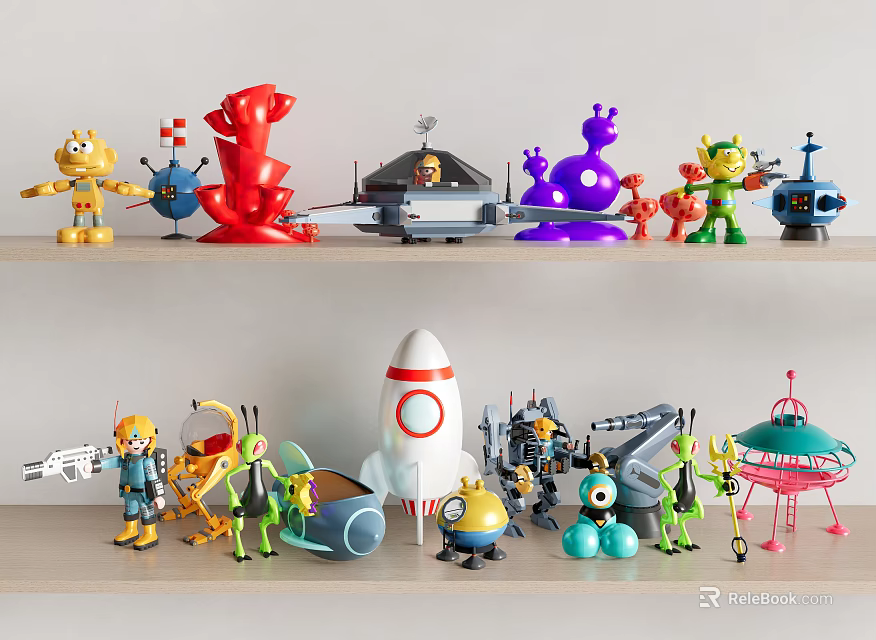 Colorful Toy Collection On Shelves With Alien Rocket And Robot Figures 3d model 