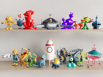 Colorful Toy Collection On Shelves With Alien Rocket And Robot Figures 3d model