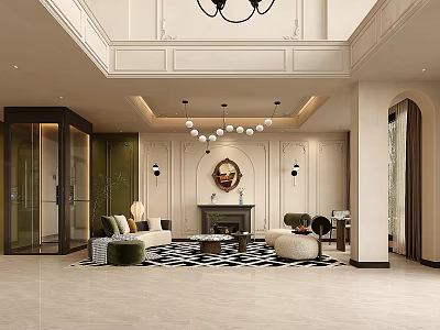 Elegant Modern Living and Dining Room Interior With Sofa Coffee Table And Chandelier 3d model