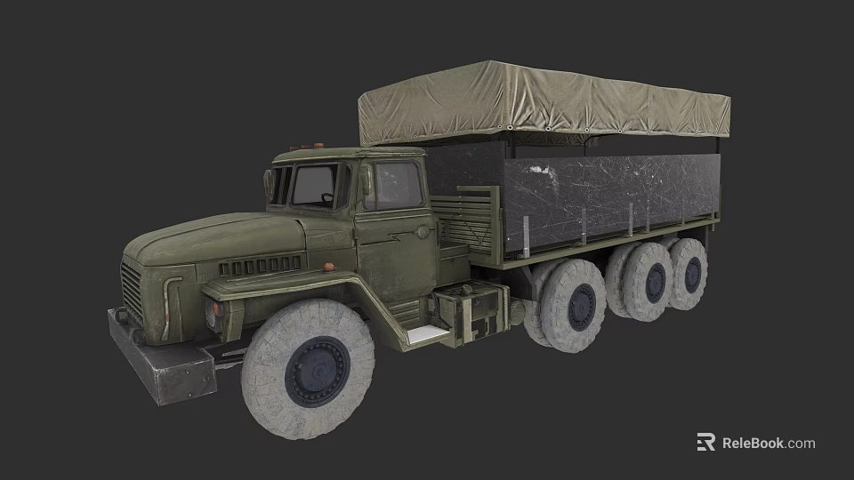 Military Green Utility Truck With Canvas Covered Cargo Bed And Six Wheel Design 3d model 