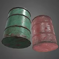 Industrial Equipment Two Green And Red Rusty Metal Drums For Industrial Storage