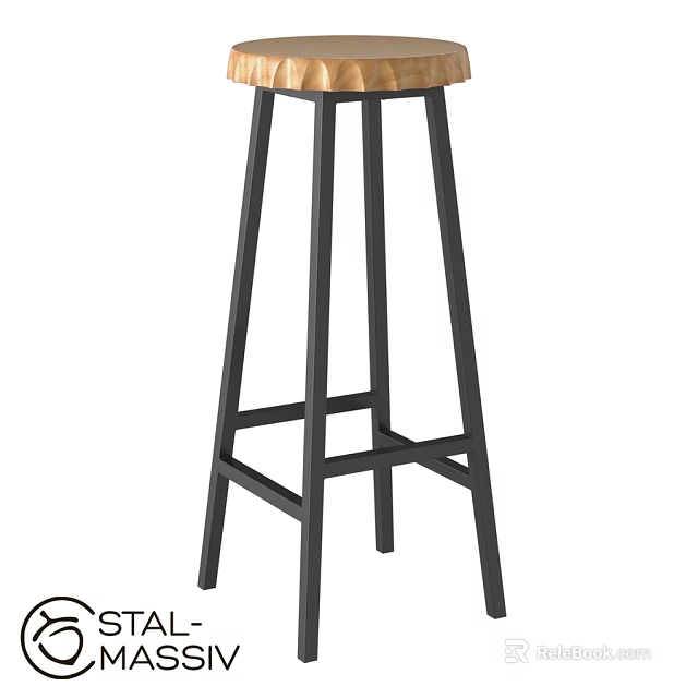 Modern Single Bar Stool with Black Metal Frame and Wooden Seat Design 3d model 