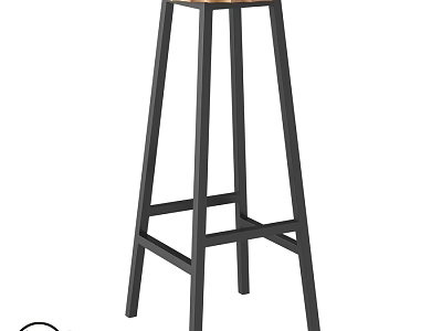 Modern Single Bar Stool with Black Metal Frame and Wooden Seat Design 3d model