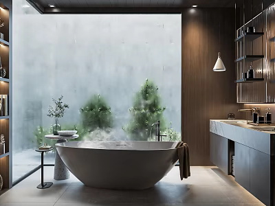 Modern Bathroom Interior With Freestanding Bathtub Steam Large Window Green Plants And Wooden Elements 3d model