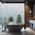 Modern Bathroom Interior With Freestanding Bathtub Steam Large Window Green Plants And Wooden Elements