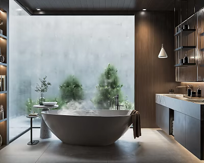 Modern Bathroom Interior With Freestanding Bathtub Steam Large Window Green Plants And Wooden Elements 3d model