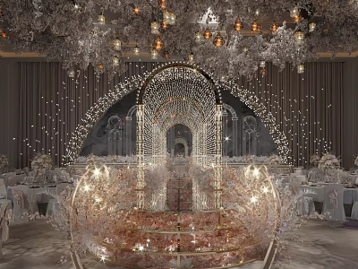 Elegant Luxurious Banquet Hall With Crystal Decorations Archway Flowers Lighting And Table Setup 3d model