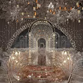 Elegant Luxurious Banquet Hall With Crystal Decorations Archway Flowers Lighting And Table Setup