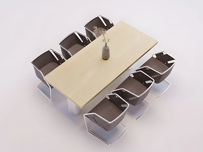 Modern Dining Table Set with Light Wood Tabletop and Brown Upholstered Chairs with Metal Legs 3d model