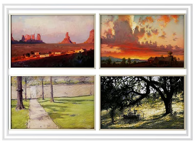 Four Scenic Landscape Paintings Featuring Desert Sunset Path And Bench Views 3d model