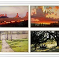 Four Scenic Landscape Paintings Featuring Desert Sunset Path And Bench Views