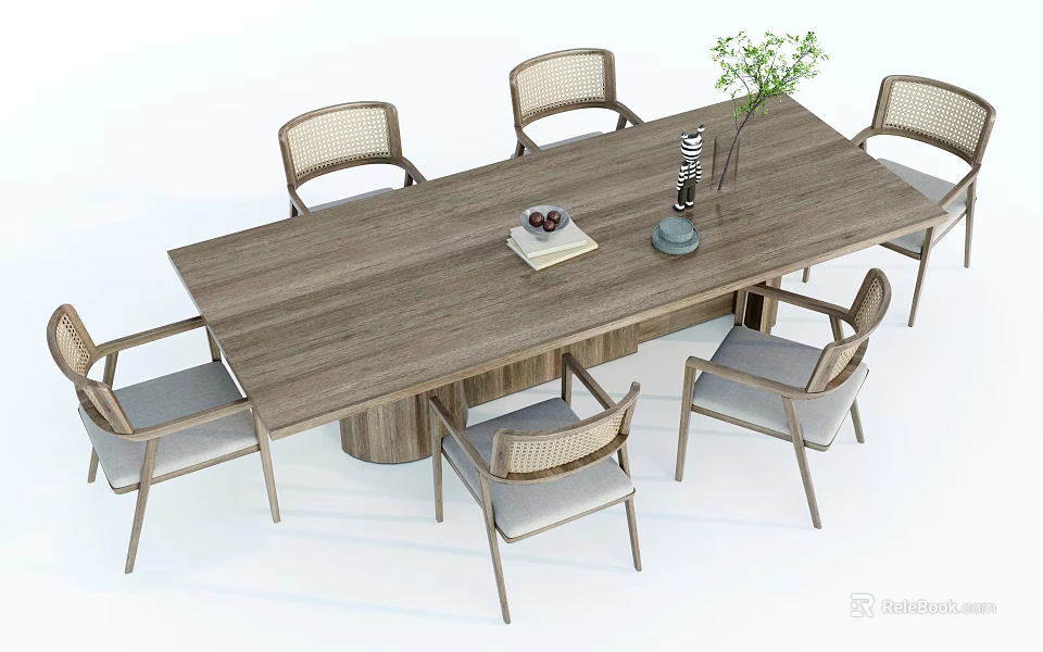Elegant Wooden Tea Table and Rattan Backrest Padded Chairs with Green Plant Fruit Plate 3d model 