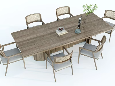 Elegant Wooden Tea Table and Rattan Backrest Padded Chairs with Green Plant Fruit Plate 3d model