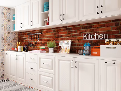 White Kitchen Cabinets With Red Brick Wall Cooking Tools Plants And Magazines On Countertop 3d model