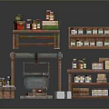 Household Items Display With Wooden Shelves Cabinets Press Machine And Bottles