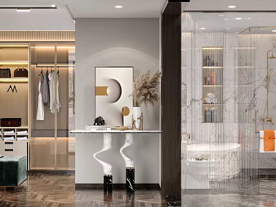 Modern Walk in Closet Interior With Hanging Clothes And Cabinets 3d model
