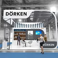 DÖRKEN Exhibition Booth Featuring Curved Roof Display Area Digital Screen Tables Chairs And People Visiting