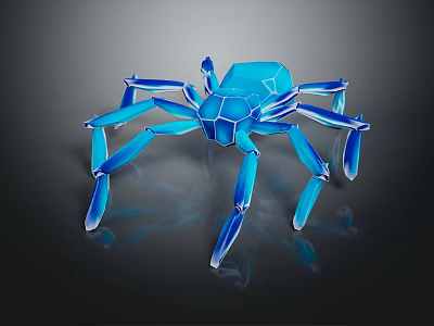 Blue Glass Spider With Transparent Legs And Reflection On Black Background 3d model