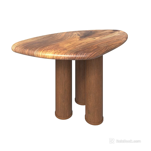 Natural Wooden Coffee Table With Oval Shaped Top And Three Cylindrical Legs 3d model 