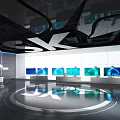 Modern Tech Inspired Exhibition Hall With Digital Screens Circular Floor And Black Geometric Ceiling