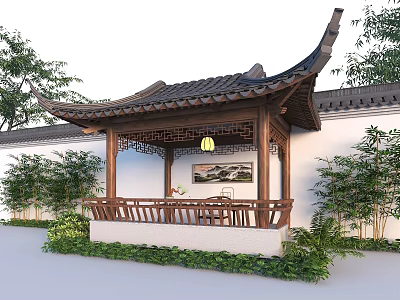 Traditional Chinese Garden Pavilion With Classic Tiled Roof Wooden Structure Bamboo And White Wall Surroundings 3d model