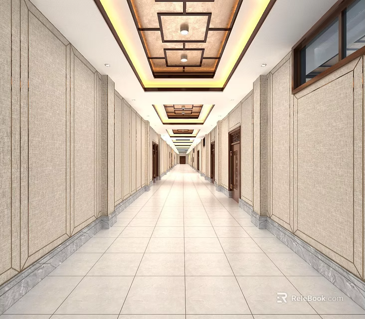 Spacious Elevator Hallway With Beige Walls Polished Tile Floor And Ceiling Lighting 3d model
