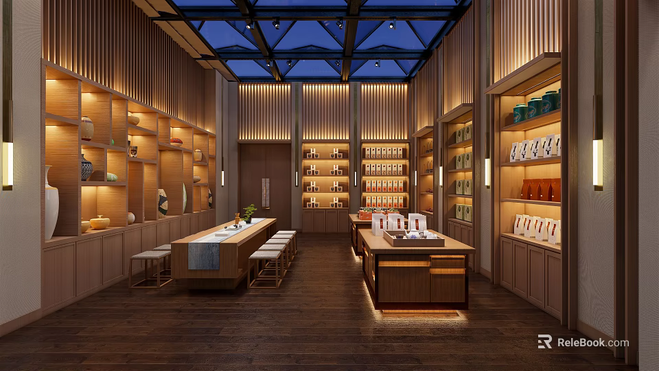 Elegant Department Store Retail Space With Wooden Shelves Displayed Goods And Glass Ceiling 3d model 
