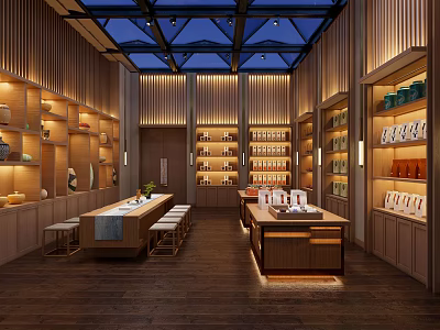 Elegant Department Store Retail Space With Wooden Shelves Displayed Goods And Glass Ceiling 3d model