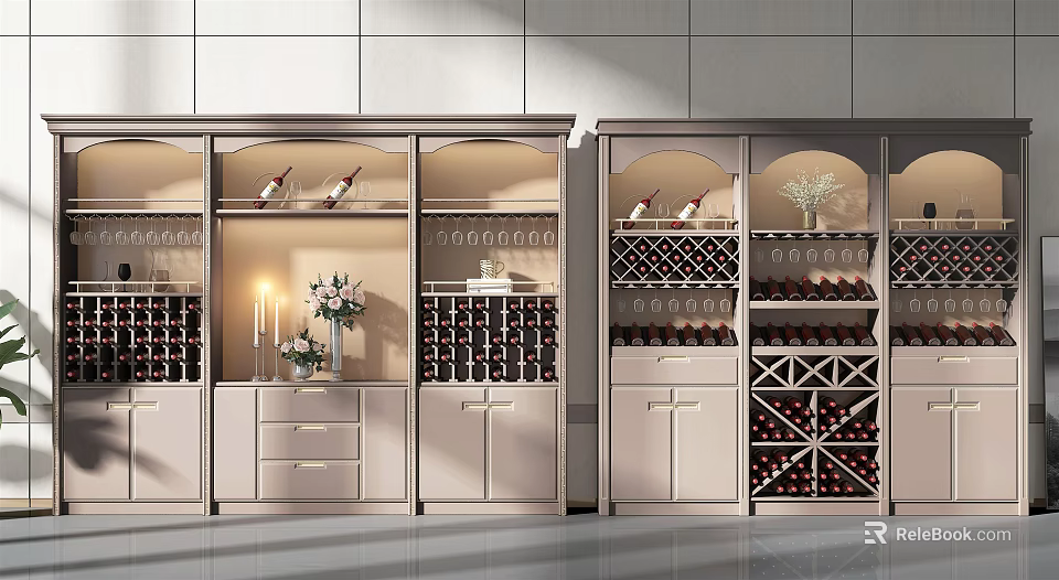 Modern Wine Cabinet with Glass Doors Wine Bottle Storage Decorative Vases and Candle Holders 3d model 
