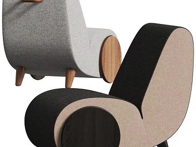 Stylish Modern Accent Chair With Gray Black Beige Fabric And Round Wooden Accent Details 3d model