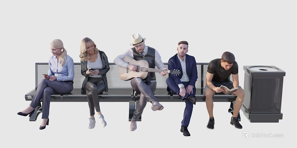 Group of People on Bench Engaging in Activities Like Guitar Phone and Reading 3d model 