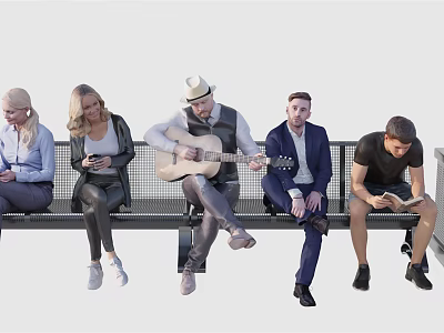 Group of People on Bench Engaging in Activities Like Guitar Phone and Reading 3d model