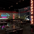 Modern Bar Interior With Red Black Striped Walls Large Screen And Neon Light