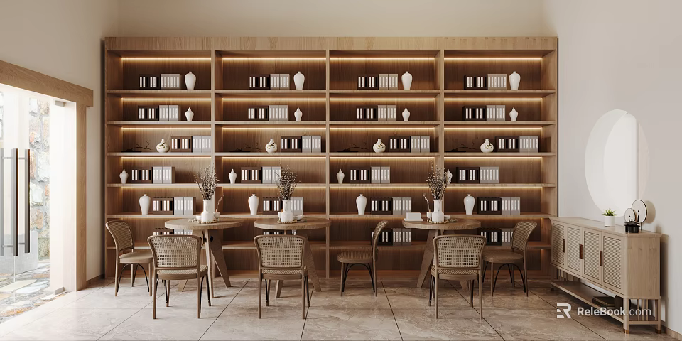 Book Art Inspired Interior Design With Wooden Shelves And Chairs 3d model 