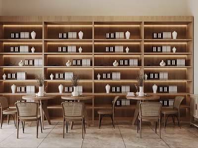 Book Art Inspired Interior Design With Wooden Shelves And Chairs 3d model