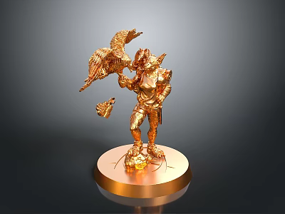 Detailed Golden Man Statue Holding Eagle With Butterfly On Pedestal 3d model